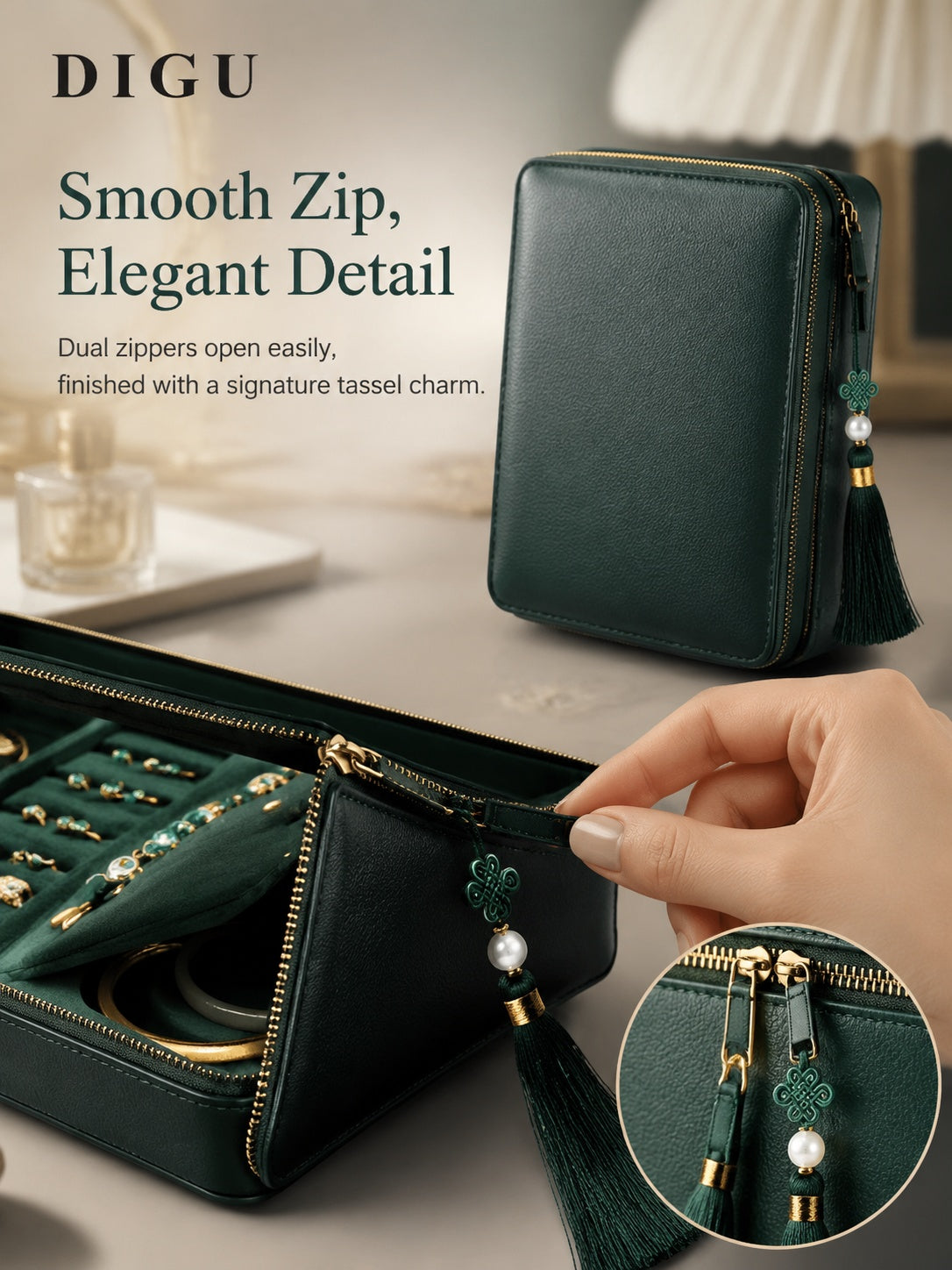 Leather Zipper Jewelry Storage Box, Soft Travel Case for Rings Necklaces, Gift for Her