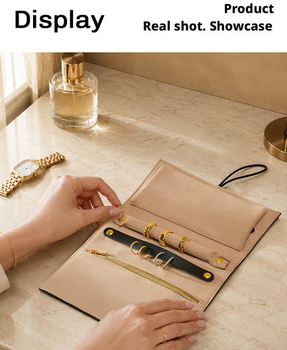 Leather Travel Jewelry Organizer with Ring Holder for Necklaces and Earrings