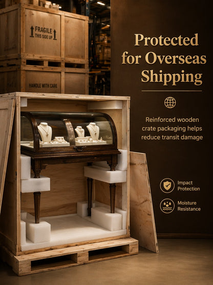 Lighted Wood Jewelry Display Case, Glass Curved Retail Showcase, Antique Store Fixture Cabinet