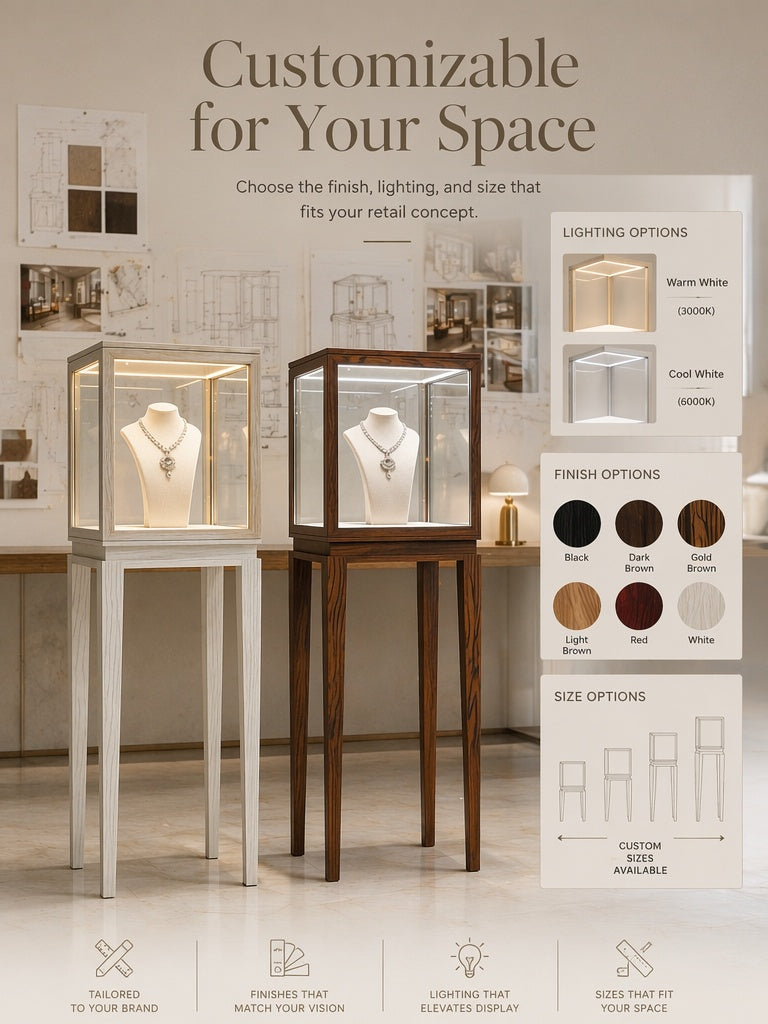 Luxury Wood Glass Display Cabinet, 360° LED Lighted Pedestal Showcase for Boutiques