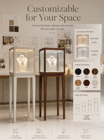 Luxury Wood Glass Display Cabinet, 360° LED Lighted Pedestal Showcase for Boutiques
