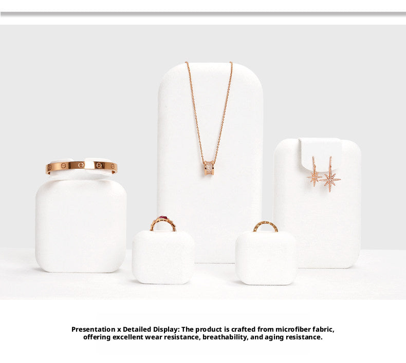 White Suede Jewelry Display Set with Necklace Stand and Ring Holders