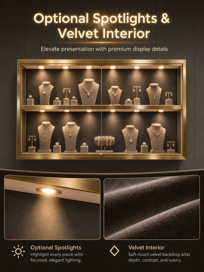 Gold Wall-Mounted Jewelry Display Case with LED Lights & Lock, 2-Tier Stainless Steel Electroplated Showcase Cabinet for Retail Boutiques