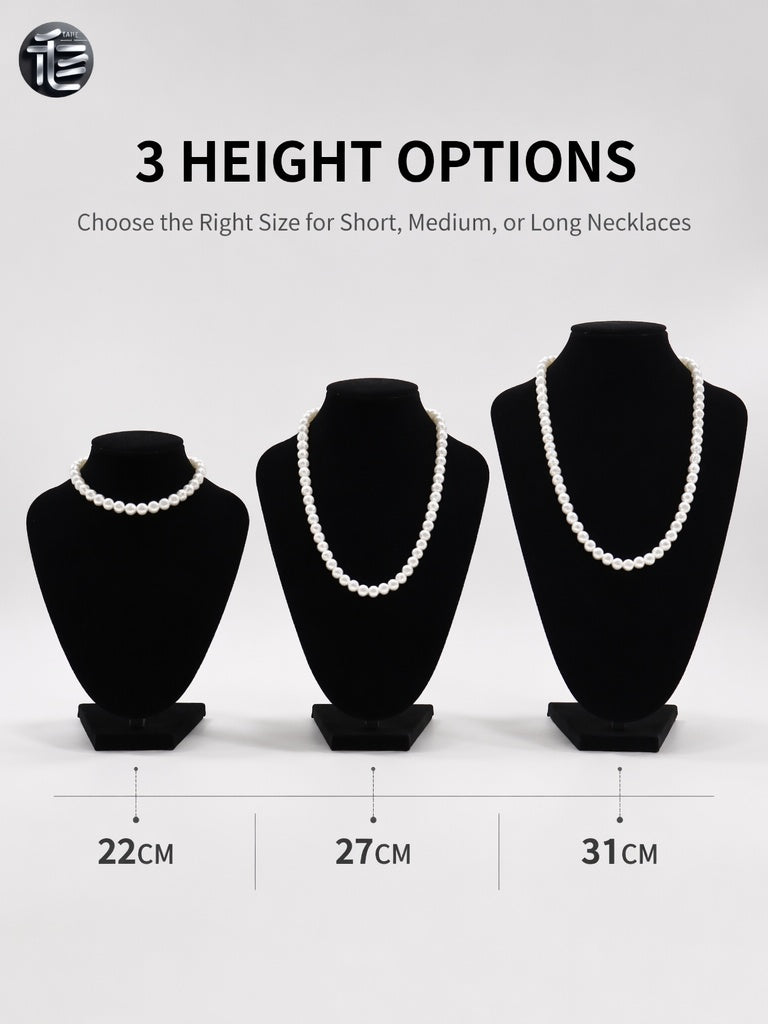 Velvet Necklace Display Bust, Tabletop Jewelry Stand for Pearls, Black Gray Set