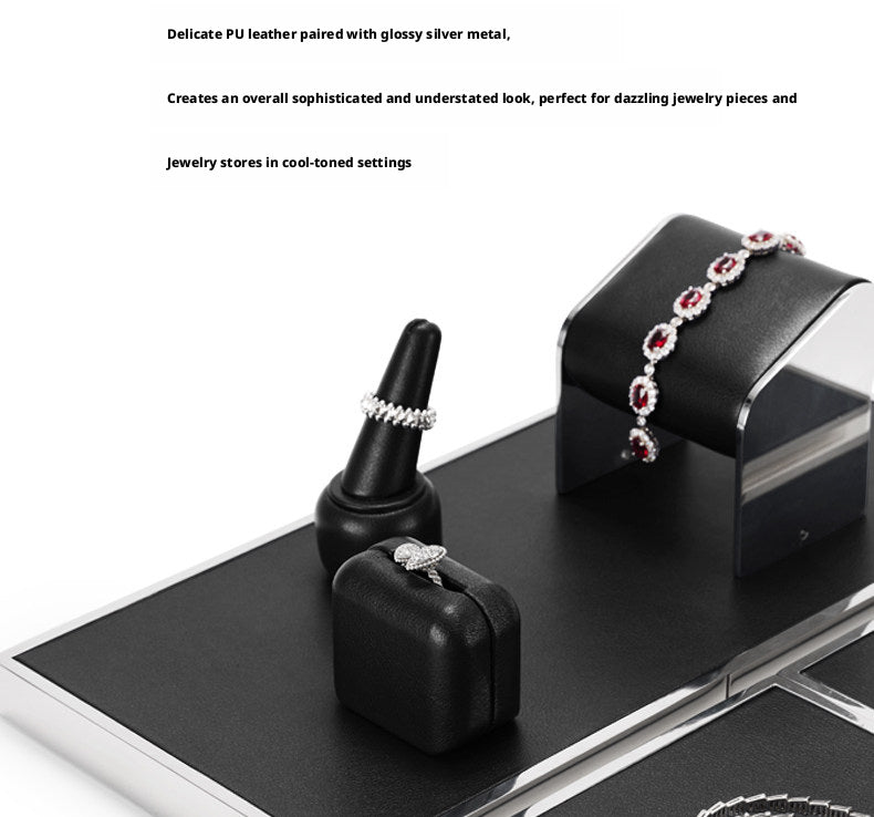 Black Leather Jewelry Display Set with Metal Trays for Rings and Earrings