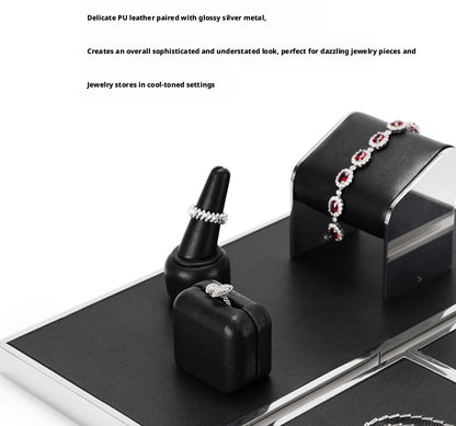 Black Leather Jewelry Display Set with Metal Trays for Rings and Earrings