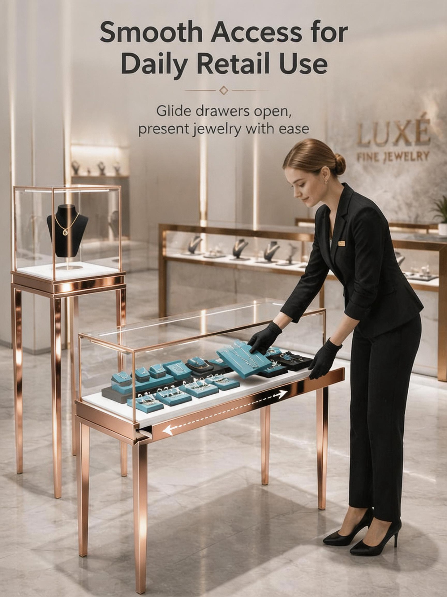 Stainless steel Luxury Jewelry Display Cabinet, Tempered Glass, Dual-Row LED, Gold Finish