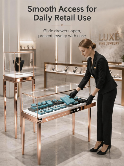 Stainless steel Luxury Jewelry Display Cabinet, Tempered Glass, Dual-Row LED, Gold Finish