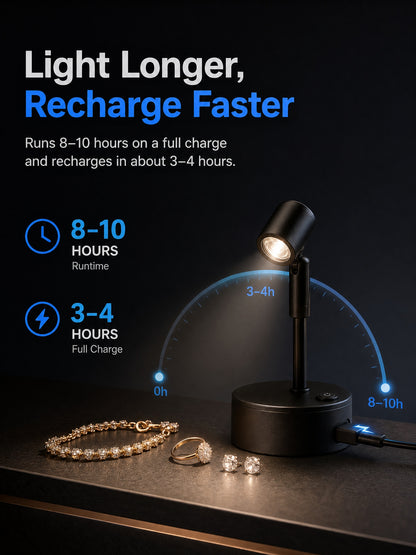 Wireless LED Spotlight for Jewelry Display, Rechargeable Countertop Spot Lamp