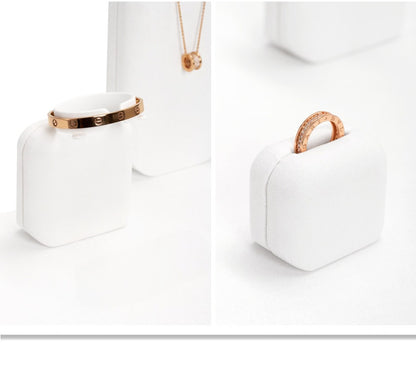 White Suede Jewelry Display Set with Necklace Stand and Ring Holders