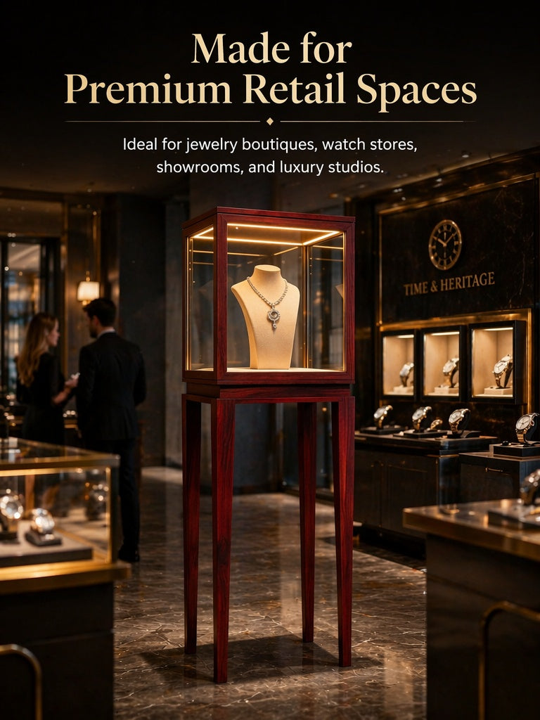 Luxury Wood Glass Display Cabinet, 360° LED Lighted Pedestal Showcase for Boutiques