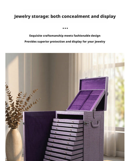 Rolling Jewelry Display Case, Crocodile PU Leather Tray Organizer Trunk, 16-Tier Storage