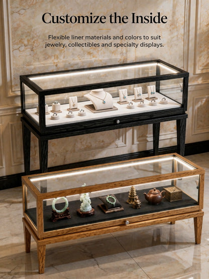 Solid Ash Wood Jewelry Display Cabinet, Adjustable LED Lighting, Retail Presentation Showcase