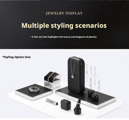 Black Leather Jewelry Display Set with Metal Trays for Rings and Earrings