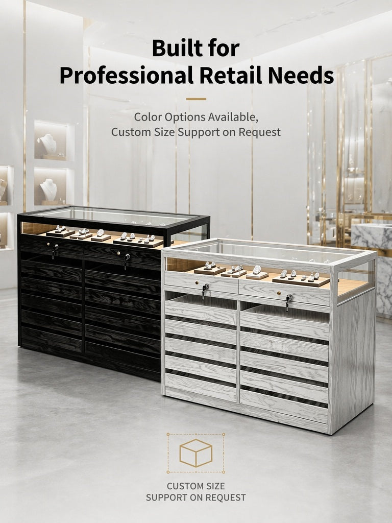 Solid Ash Wood Jewelry Display Case – Tempered Glass, LED Lighting, Lockable Drawers