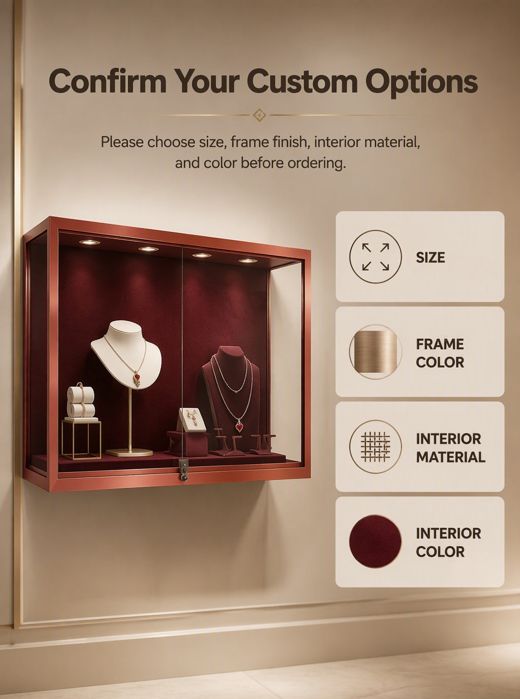 Luxury Wall Mounted Jewelry Display Cabinet, Stainless Steel Frame, Tempered Glass Showcase, Lockable Organizer