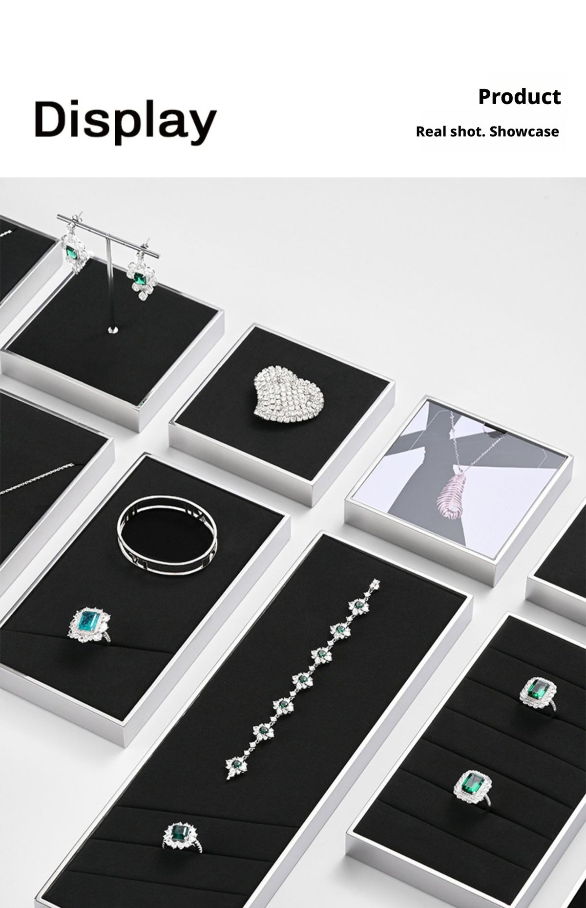Silver Metal Jewelry Display Tray with Black Velvet for Rings and Necklaces