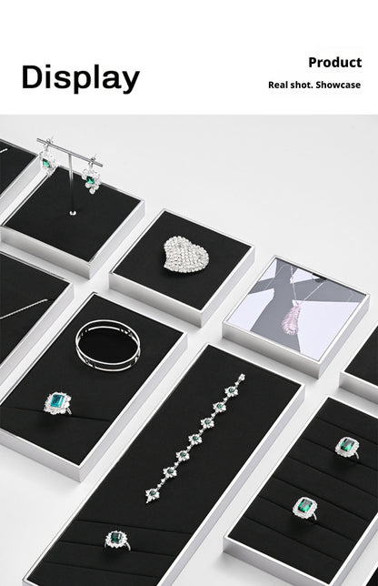 Silver Metal Jewelry Display Tray with Black Velvet for Rings and Necklaces