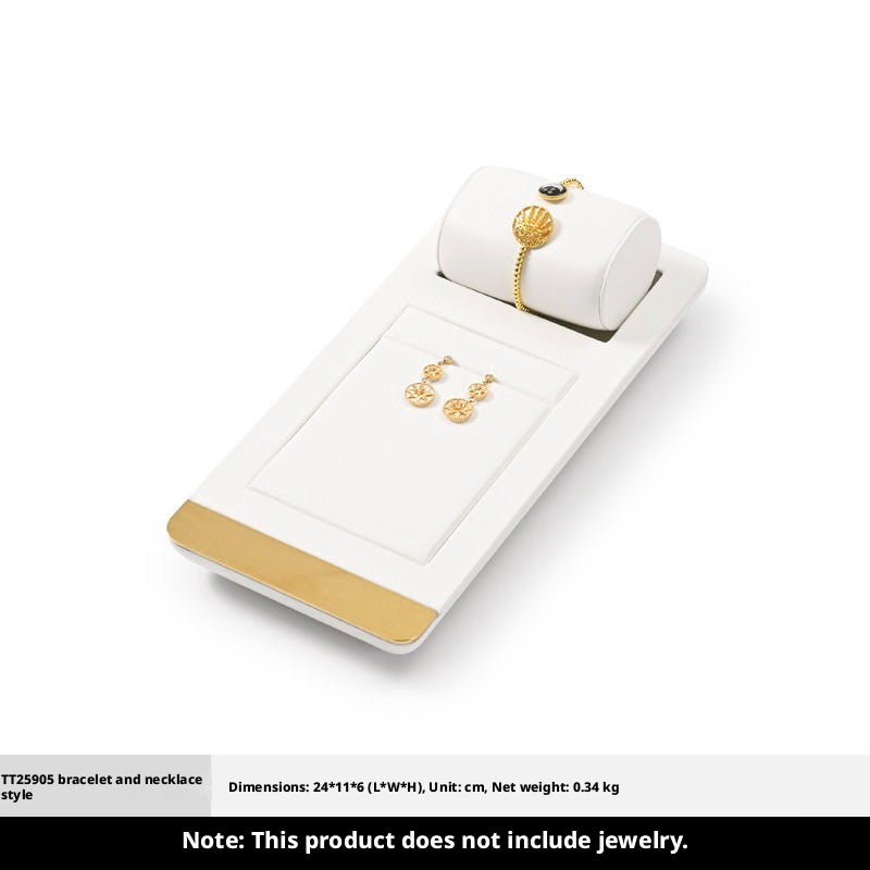 White Leather Jewelry Display Set with Gold Trim for Watch and Ring