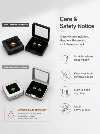 Metal Gemstone Display Box for Loose Stones, Silver-Plated Storage, Self-Locking Snap, Glass Top