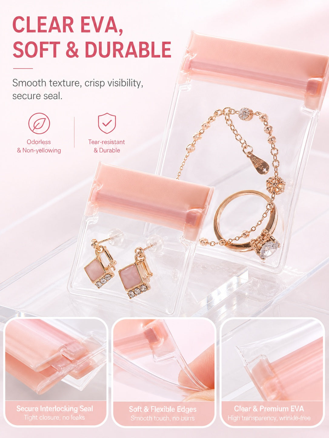 100pcs EVA Jewelry Pouches, Clear Frosted Zip Bags, Anti-Tarnish Storage (7 Sizes)