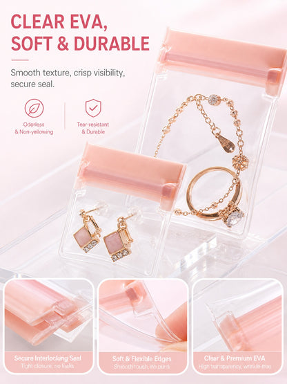 100pcs EVA Jewelry Pouches, Clear Frosted Zip Bags, Anti-Tarnish Storage (7 Sizes)