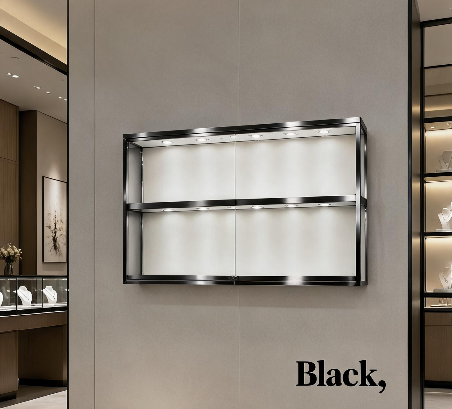 Gold Wall-Mounted Jewelry Display Case with LED Lights & Lock, 2-Tier Stainless Steel Electroplated Showcase Cabinet for Retail Boutiques