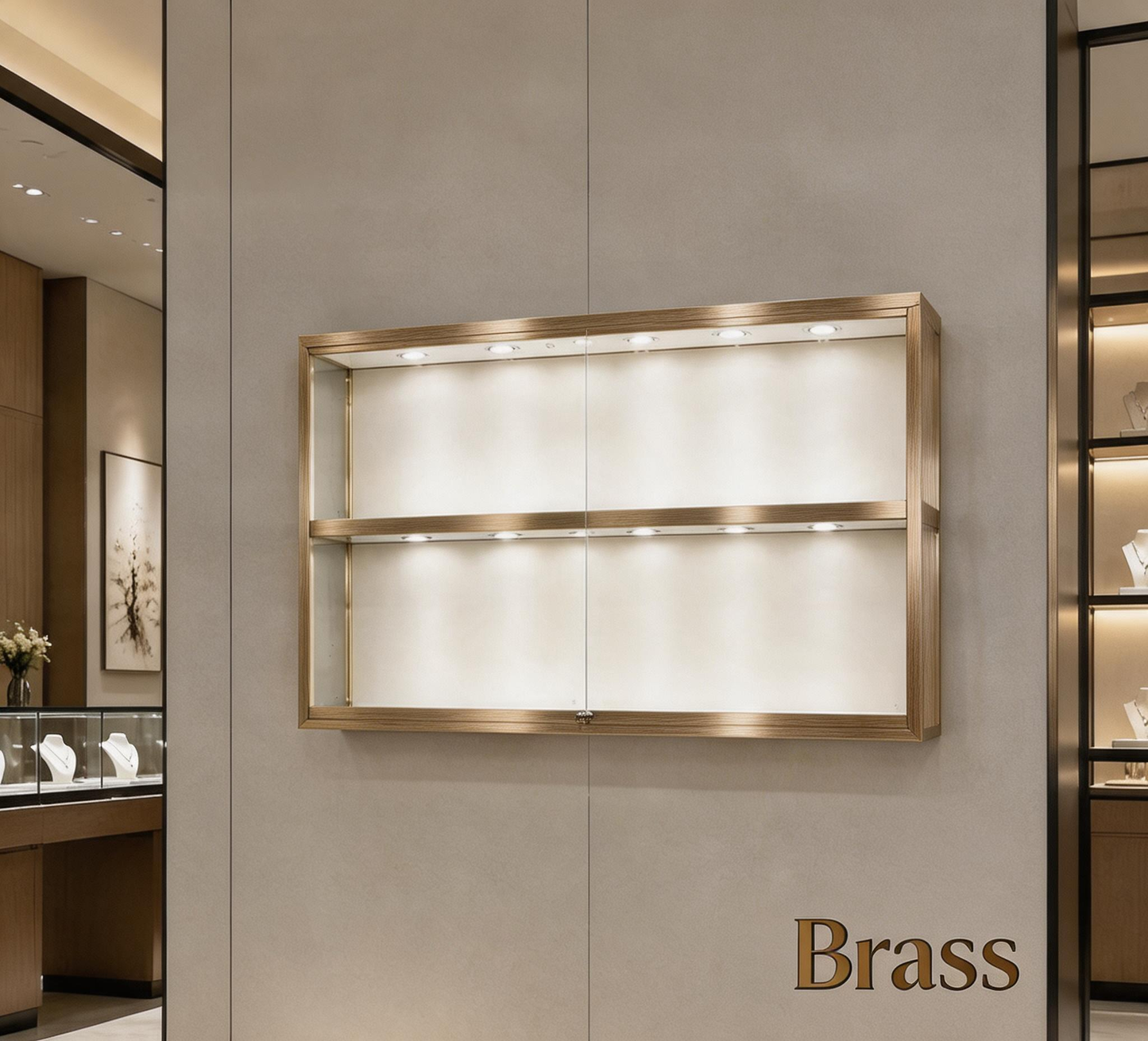 Gold Wall-Mounted Jewelry Display Case with LED Lights & Lock, 2-Tier Stainless Steel Electroplated Showcase Cabinet for Retail Boutiques