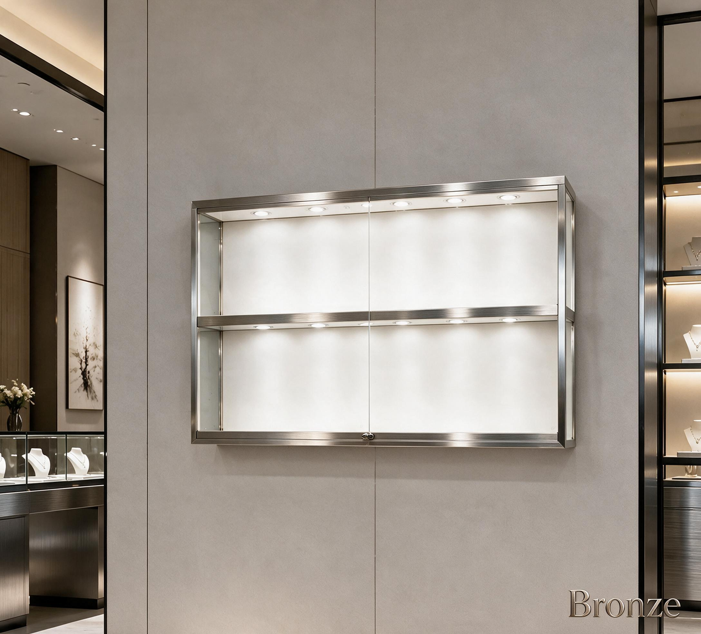 Gold Wall-Mounted Jewelry Display Case with LED Lights & Lock, 2-Tier Stainless Steel Electroplated Showcase Cabinet for Retail Boutiques