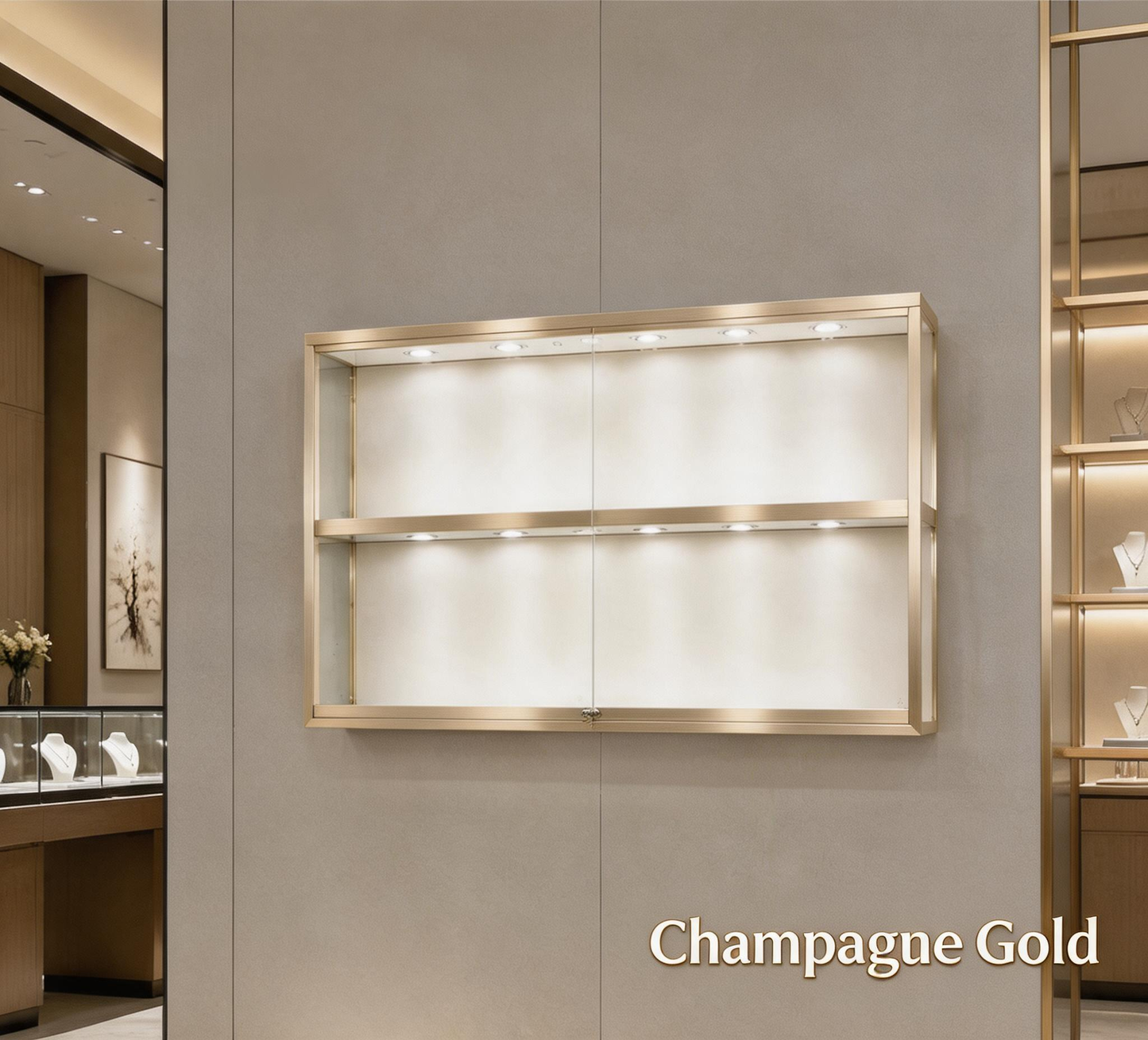 Gold Wall-Mounted Jewelry Display Case with LED Lights & Lock, 2-Tier Stainless Steel Electroplated Showcase Cabinet for Retail Boutiques