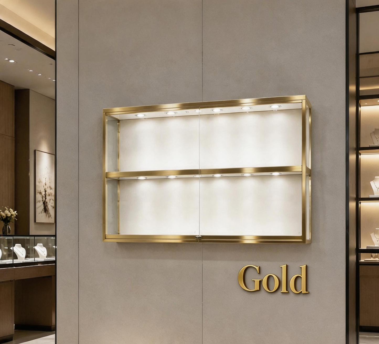 Gold Wall-Mounted Jewelry Display Case with LED Lights & Lock, 2-Tier Stainless Steel Electroplated Showcase Cabinet for Retail Boutiques