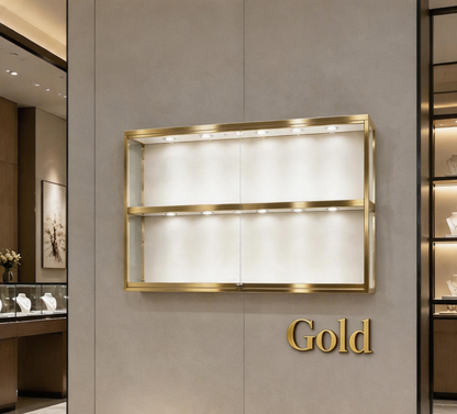 Gold Wall-Mounted Jewelry Display Case with LED Lights & Lock, 2-Tier Stainless Steel Electroplated Showcase Cabinet for Retail Boutiques