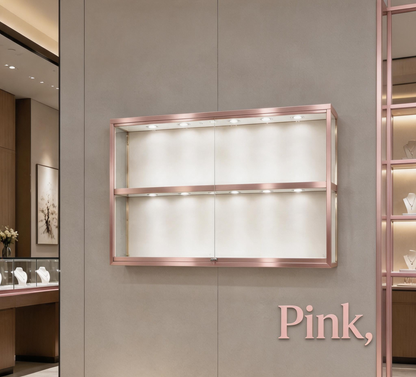 Gold Wall-Mounted Jewelry Display Case with LED Lights & Lock, 2-Tier Stainless Steel Electroplated Showcase Cabinet for Retail Boutiques
