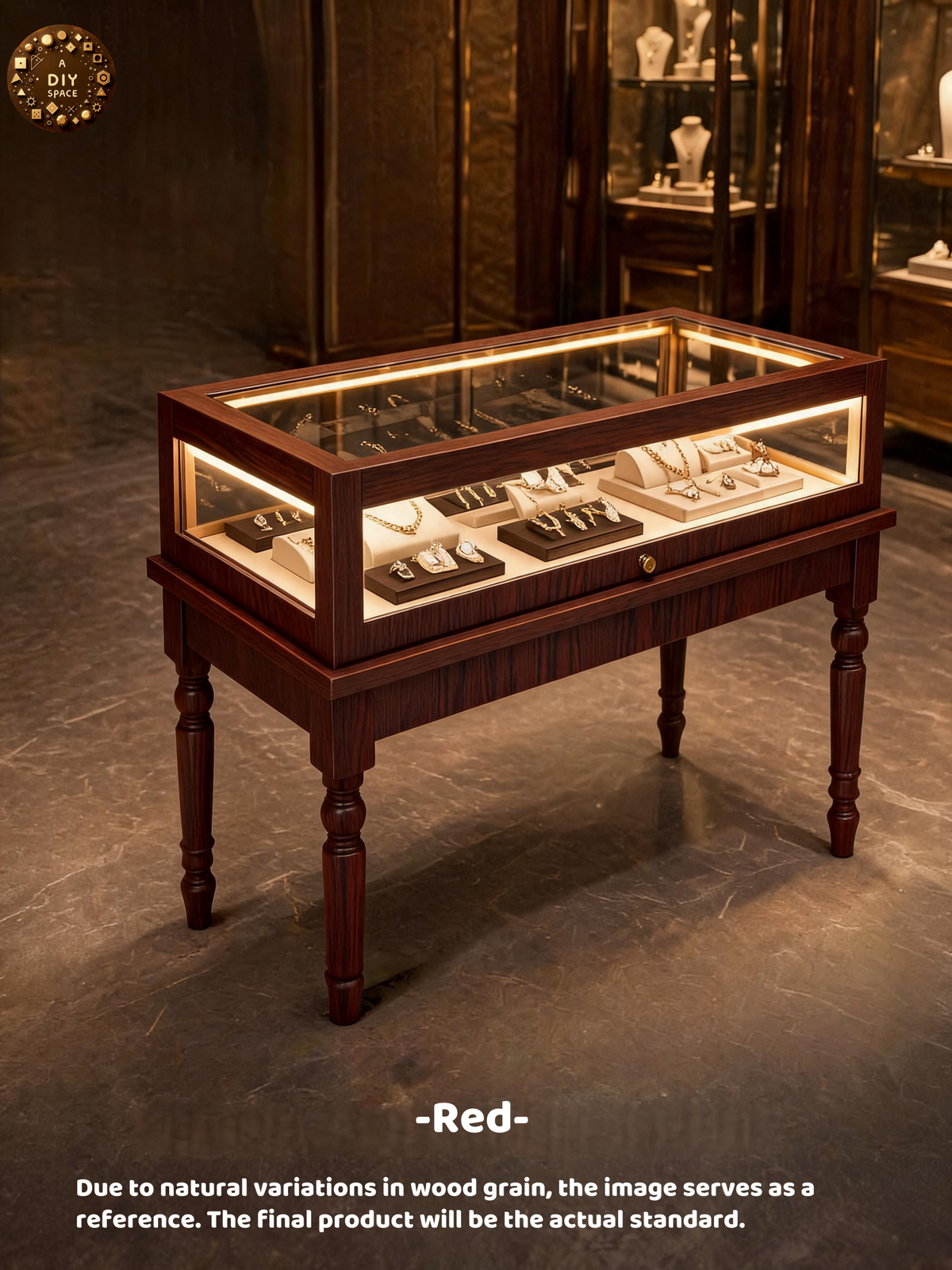 Solid Wood Jewelry Showcase – Vintage Style Display Cabinet with LED Lighting