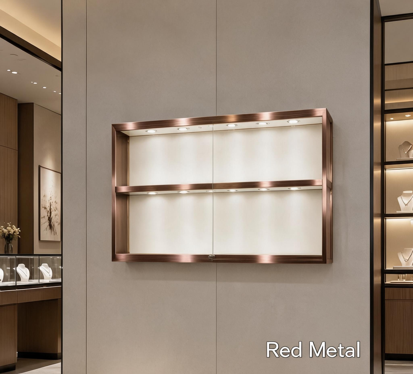 Gold Wall-Mounted Jewelry Display Case with LED Lights & Lock, 2-Tier Stainless Steel Electroplated Showcase Cabinet for Retail Boutiques