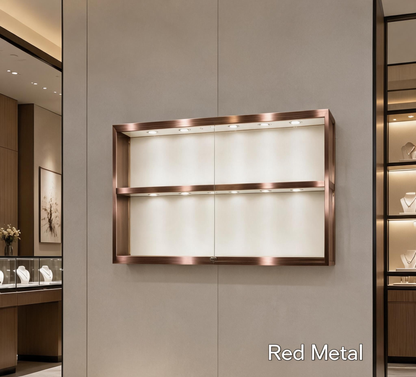 Gold Wall-Mounted Jewelry Display Case with LED Lights & Lock, 2-Tier Stainless Steel Electroplated Showcase Cabinet for Retail Boutiques