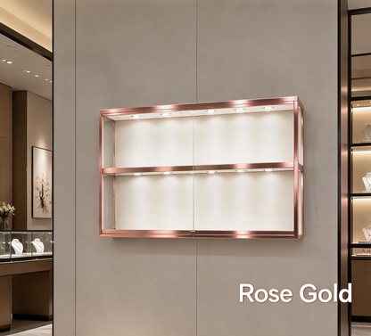 Gold Wall-Mounted Jewelry Display Case with LED Lights & Lock, 2-Tier Stainless Steel Electroplated Showcase Cabinet for Retail Boutiques