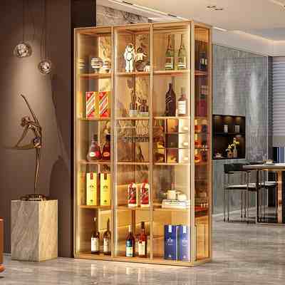 Light luxury wine cabinet living room wall shelf aluminum alloy tempered glass door partition high-grade hand-done tea display cabinet
