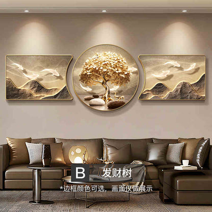 Light luxury fortune tree living room decorative painting back with a sense of high class sofa background wall hanging painting atmospheric triple mural