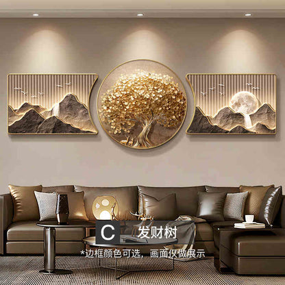 Light luxury fortune tree living room decorative painting back with a sense of high class sofa background wall hanging painting atmospheric triple mural