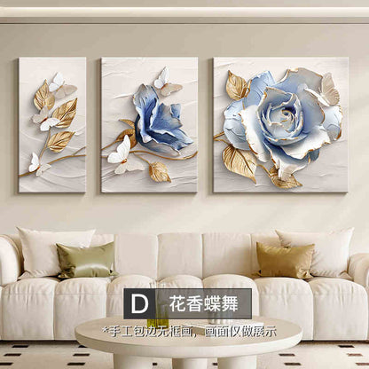 Flower cream style three-dimensional relief living room decoration painting simple high-level sense sofa background wall hanging painting triplet mural