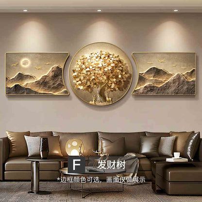 Light luxury fortune tree living room decorative painting back with a sense of high class sofa background wall hanging painting atmospheric triple mural