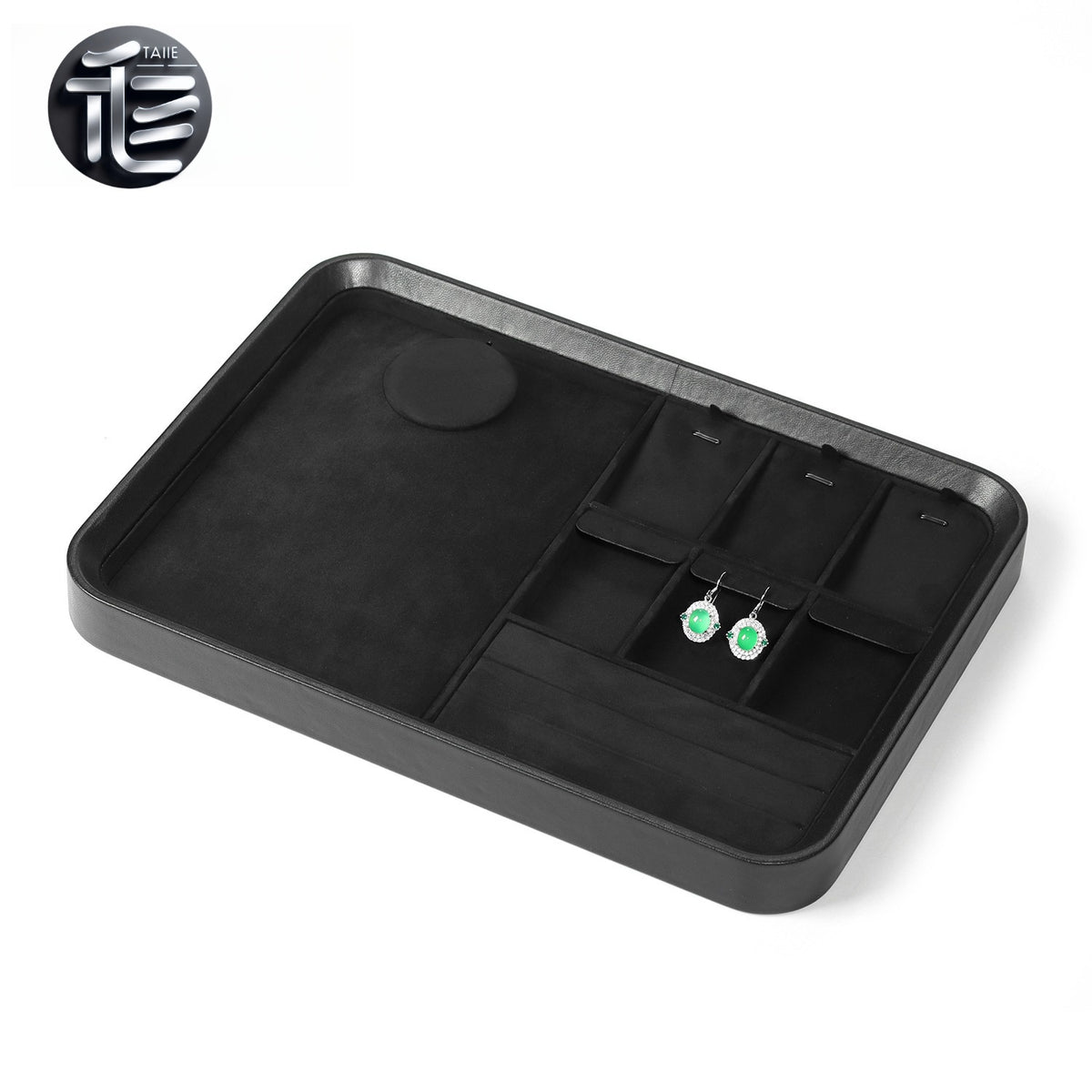 Black Leather Jewelry Tray with Velvet Lining for Rings and Necklaces
