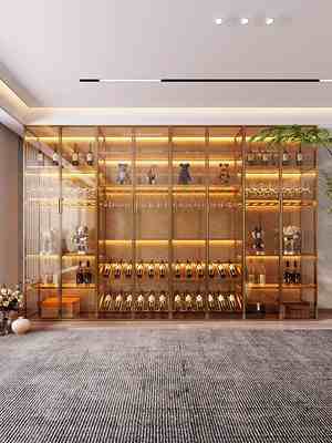 Light luxury wine cabinet living room wall shelf aluminum alloy tempered glass door partition high-grade hand-done tea display cabinet