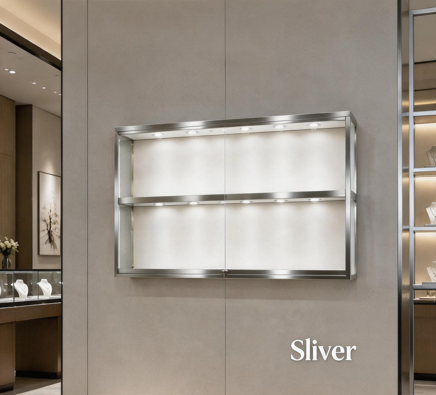 Gold Wall-Mounted Jewelry Display Case with LED Lights & Lock, 2-Tier Stainless Steel Electroplated Showcase Cabinet for Retail Boutiques