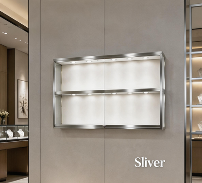 Gold Wall-Mounted Jewelry Display Case with LED Lights & Lock, 2-Tier Stainless Steel Electroplated Showcase Cabinet for Retail Boutiques