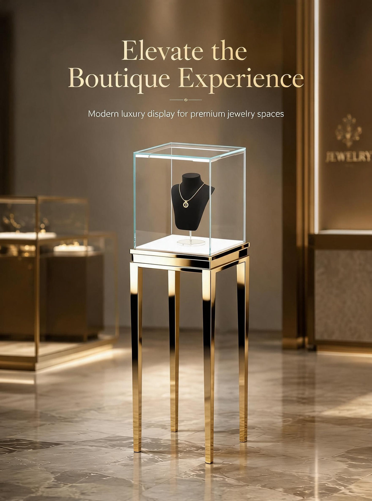 Stainless steel Luxury Jewelry Display Cabinet, Tempered Glass, Dual-Row LED, Gold Finish
