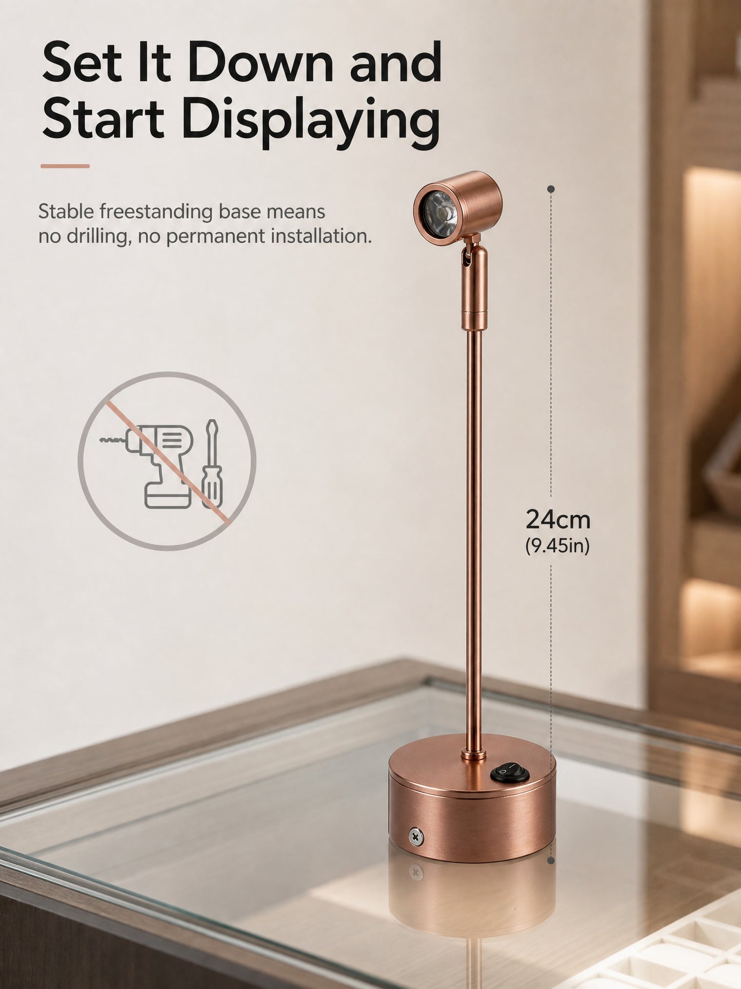 Battery-Powered LED Spotlight for Jewelry Display, Cordless Rechargeable Countertop Spot Lamp for Showcase
