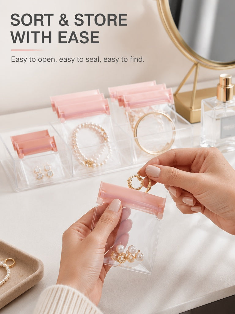 100pcs EVA Jewelry Pouches, Clear Frosted Zip Bags, Anti-Tarnish Storage (7 Sizes)