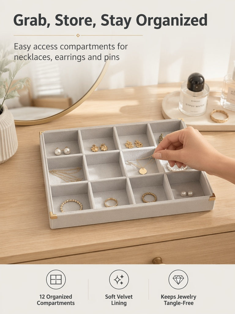 Velvet Jewelry Display Tray, Multi-Grid Storage Inserts for Rings, Gemstones, Craft Shows Retail Organizer